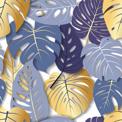 Modern seamless pattern with blue and gold tropical Monstera leaves. Luxury trendy collage with bright exotic leaves. Trendy template for package, cover, wallpaper design. Stock vector illustration.