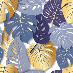 Wall murals Very peri Modern seamless pattern with blue and gold tropical Monstera leaves. Luxury trendy collage with bright exotic leaves. Trendy template for package, cover, wallpaper design. Stock vector illustration.
