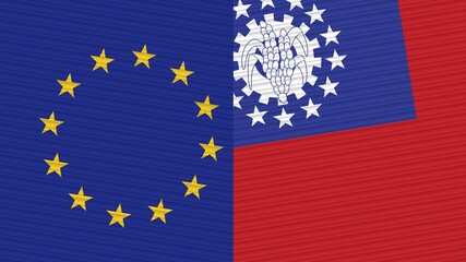 Myanmar Burma and European Union Two Half Flags Together Fabric Texture Illustration