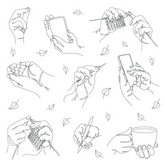 Collection. Human hands holding a phone, a cup, a pen, knitting, in a modern style with one line with leaves. Solid sketches for decor, posters, stickers, logo. Set of vector illustrations.