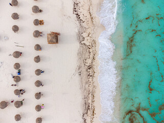 On the white sandy shore of the resort town, a row of beach umbrellas. The water of the ocean is azure. Seaweed pollutes the water and the beach. Global warming, environmental problems.