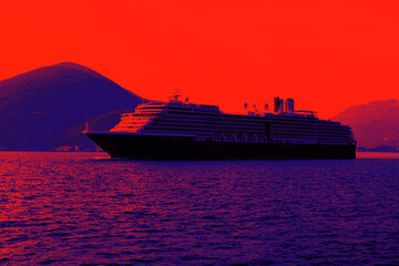 Cruise liner in Red and Blue . Ship in pop art