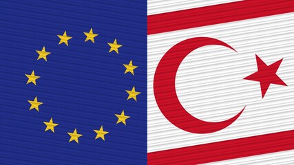 Turkish Republic of Northern Cyprus and European Union Two Half Flags Together Fabric Texture Illustration