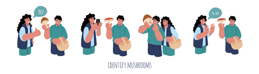 Concept of identify the mushroom.A couple trying to identify mushroom edibility with mobile phone.Vector illustration