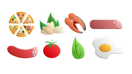 A set of eight icons of items of delicious food and snacks for a cafe bar restaurant on a white background: pizza, pistachios, fish, salami, tomatoes, herbs, egg