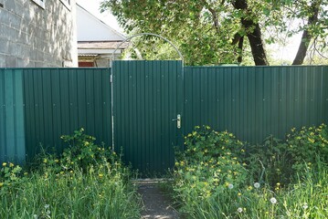 one closed metal green door and part of an iron fence wall outside in the grass