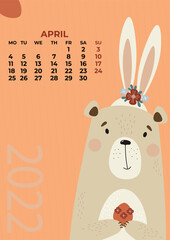 Bear calendar for April 2022. Cute teddy bear with bunny ears with flowers and Easter egg. Vector illustration. Vertical template. week from Monday in English. For design, print, childrens collection