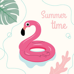 Vector inflatable circle in the form of a pink flamingo in the water park. Vector illustration isolated on white background.