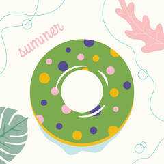 green vector inflatable circle on a background of palm trees and leaves. on a circle with a polka dot print