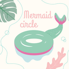 Vector inflatable mattress or circle in the form of a turquoise mermaid tail on a chill near the pool. Vector illustration on a cute background.