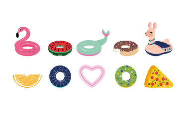 Set of colorful inflatable lifebuoys and mattresses
in the form of a flamingo, mermaid tail, llama, orange, heart, pizza, donut and watermelon in the pool. pool, beach or sea. vector illustration