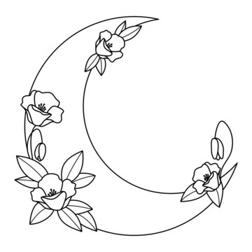 Fototapeta Półksiężyc i kwiaty - dekoracyjna boho ilustracja z miejscem na Twój tekst do wykorzystania jako logo, tatuaż, zaproszenie ślubne, kartka z życzeniami, naklejka.