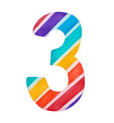 Watercolor illustration of multicolor "Number 3" with red, orange, yellow, blue-green, blue and purple stripes. Handdrawn water color painting on white background, cutout clip art detail for design.