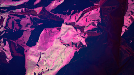 holographic dark purple background. Crumpled iridescent foil real texture. Synthwave. Vaporwave...