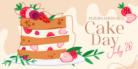 International Cake Day with sponge cake, strawberry, raspberry and green leaves. For greeting card, poster or banner. Vector Illustration