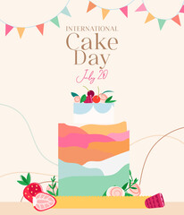 International Cake Day on pastel background. Holiday celebrate July 20. Trendy Mid-Century Modern style. Template for typography poster, banner, flyer, sticker, t-shirt, etc.