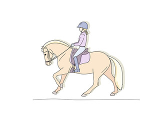 Young girl galloping pony in beautiful clothes