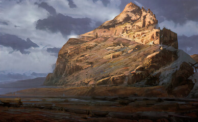 Mountains in the fog near the valley. A non-existent landscape. Oil painting on canvas. Contemporary art.