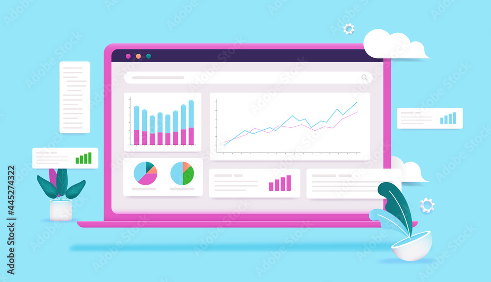 Poster laptop with data analytics software - computer screen with graphs and charts on blue background. int