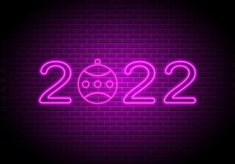 2022 neon numbers. New Year lightning sign on brick wall background. Vector realistic illustration.