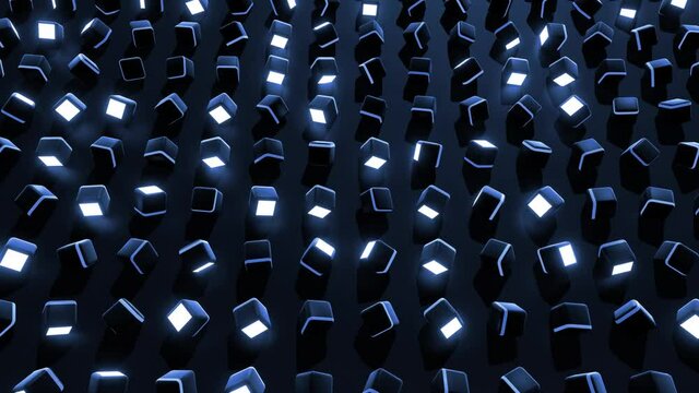 4r loop dark background with abstract blocks on plane like devices with screen lighting with blue neon light. Bg for festive show or holiday events, concerts, music videos, VJ for night clubs.