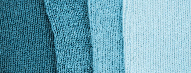 Gestrickte Textur in Blau, Hintergrund, Wolle, Wollpullover, Handarbeit, Stricken	