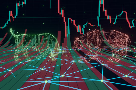 Polygonal 3d illustration of bull and bear with lines and dots on the volume chart and Japanese candles of the stock market. Business and financial investment concept.
