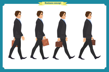 Fototapeta premium Collection set of Walking and running businessman. Walk, run, active. Variety of movements. Flat Character man cartoon style, Side view,Vector design isolated vector. Business people