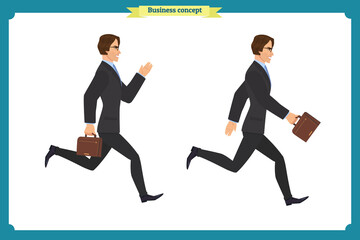 Collection set of Walking and running businessman. Walk, run, active. Variety of movements. Flat Character man cartoon style, Side view,Vector design isolated vector. Business people