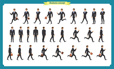 Fototapeta na wymiar Collection set of Walking and running businessman. Walk, run, active. Variety of movements. Flat Character man cartoon style, Side view, haft front view,Vector design isolated vector. Business people