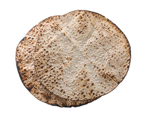 Tasty matzos on white background, top view. Passover (Pesach) celebration