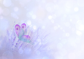 Meadow lavender horizontal background with colorful butterfly.