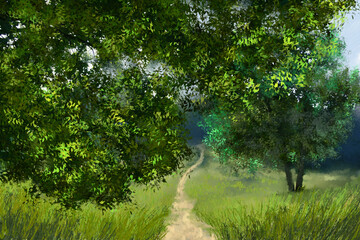 Fototapeta na wymiar Digital oil paintings summer landscape, path in the forest