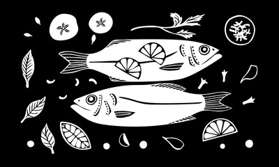 Vector black and white image of fish with lemon on a black background. Tomatoes, spices, herbs