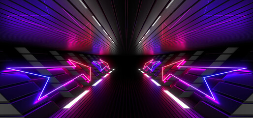 Sci Fy neon lamps in a dark corridor. Reflections on the floor and walls. 3d rendering image.