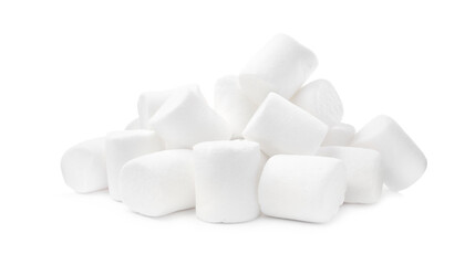 Pile of delicious puffy marshmallows on white background
