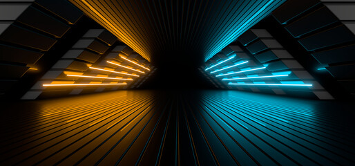 Fototapeta premium Sci Fy neon lamps in a dark corridor. Reflections on the floor and walls. 3d rendering image.