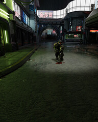 Future Soldier Tracking the City Streets at Night, 3d digitally rendered science fiction illustration
