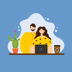 Female character works with her laptop, male watching her. Modern conceptual illustration about freelance, online business, distance learning. Flat vector illustration isolated on blue