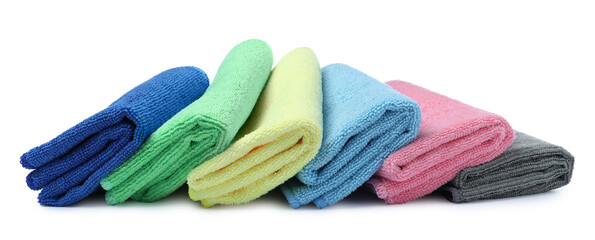 Many colorful microfiber cloths on white background