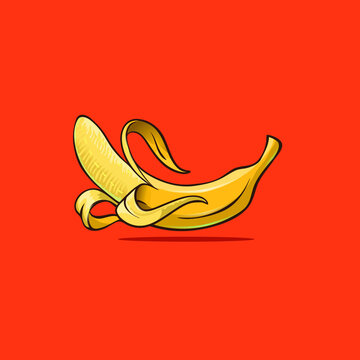 Vector drawing of single of bananas single skin, peeled and bananas on the ground.clipart illustrations.