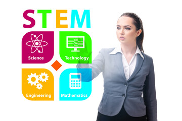 Businesswoman pressing virtual buttons in STEP education concept