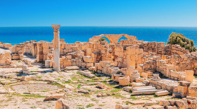 Panoramic view of the ruins and arches of the ancient Greek city Kourion (archaeological site) near Limassol, Cyprus