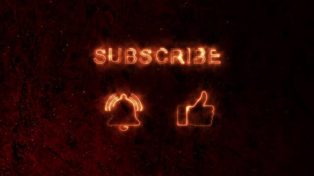 neon fire social media icons,burning like,subscribe and notification logos,dark stone wall background,fire particles flying,animation footage
