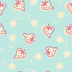 Doodle red strawberries silhouette and beige flowers seamless pattern.  Perfect for scrapbooking, textile and prints. Hand drawn vector illustration for decor and design.
