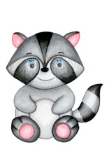 Watercolor hand drawn illustration of baby raccoon