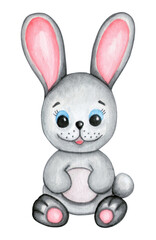 Obraz na płótnie Canvas Watercolor illustration of a cute fluffy grey rabbit with pink ears and blue eyes isolated on white background