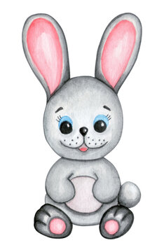 Watercolor illustration of a cute fluffy grey rabbit with pink ears and blue eyes isolated on white background