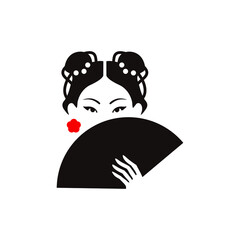 扇子を持った東洋の女性、ロゴマークのためのシンプルなシルエットイラスト