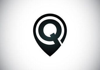 Initial Q monogram letter alphabet with location icon pin sign. Font emblem. Navigation map, GPS, direction, place, compass, contact, search concept. 